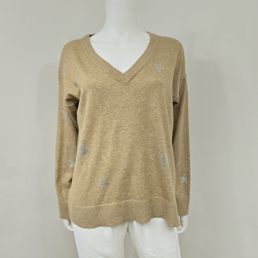 Knox Rose Large Sweater Pullover V-Neck Metallic Star Brown Recycled Polyester